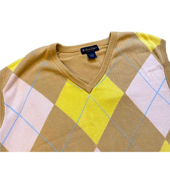 Brooks Brothers Argyle Diamond Sweater Vest Pima Cotton V Neck Tan Pastel XL - Picture 2 of 6